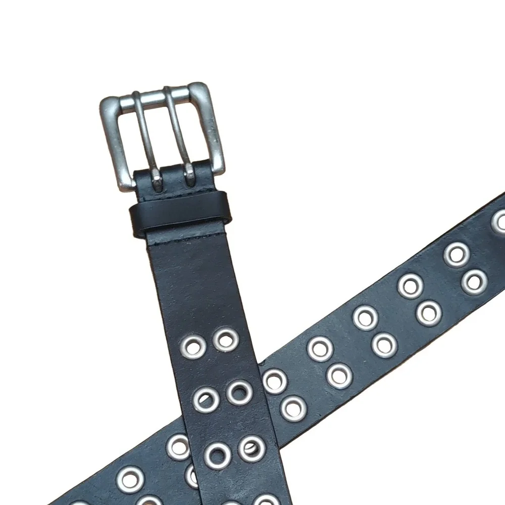 Double Grommet Belt Black 42 Genuine Leather Double Prong Silver Buckle